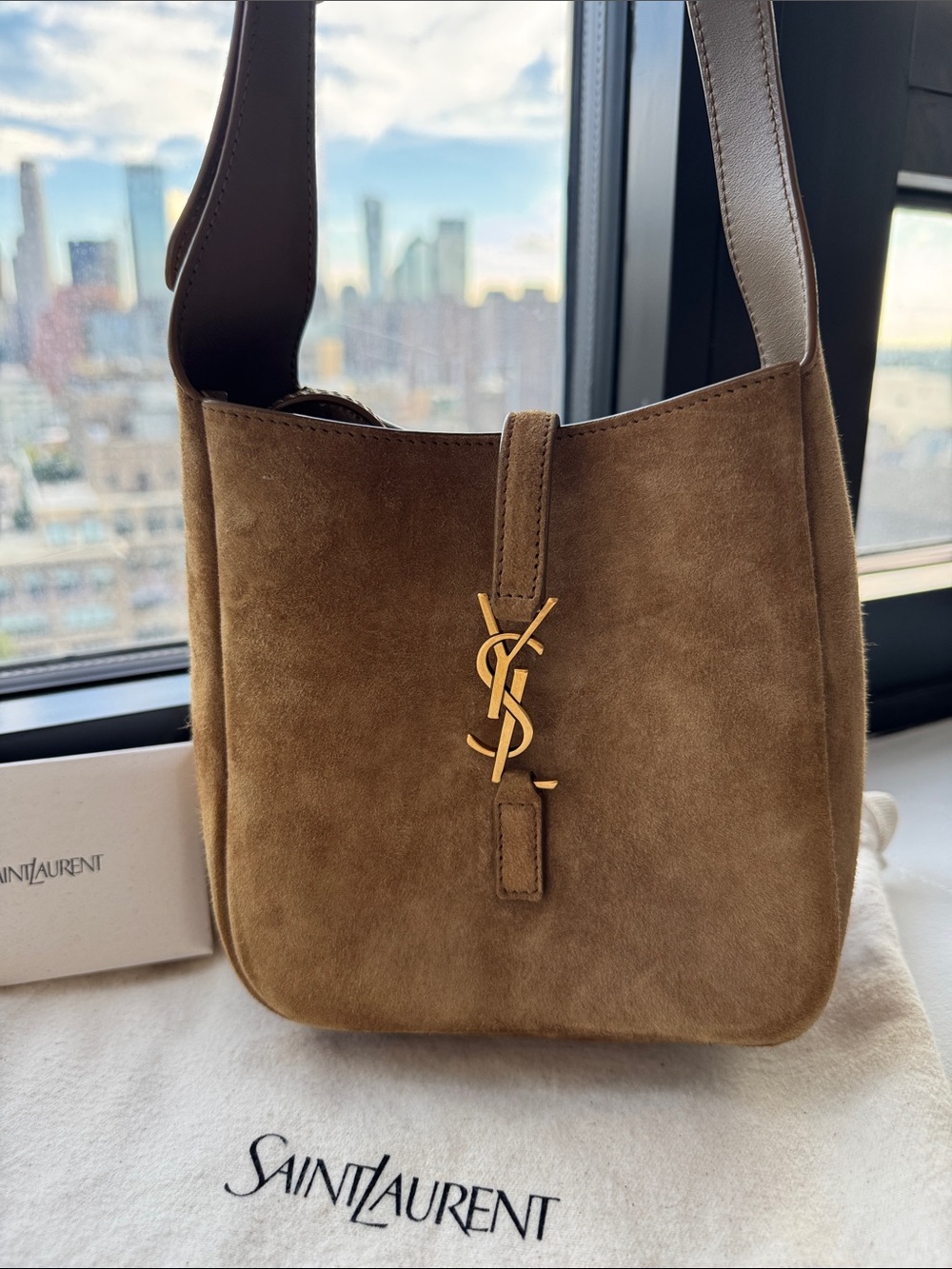 Saint Laurent Brown Suede Shoulder Bag with Gold YSL Logo